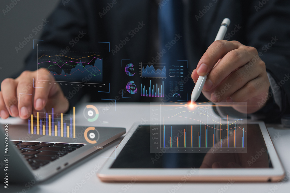 Business financial growth market research strategic financial planning innovative technology and data analysis chart to increase profit margins and investment success in the digital planning economy - obrazy, fototapety, plakaty 
