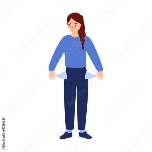 No money. Woman with pockets turned outward in flat design on white background.
