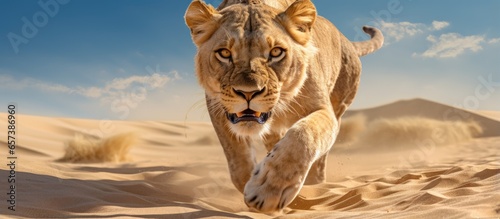 Endangered lion sprinting on Namibia s Skeleton Coast dunes With copyspace for text photo