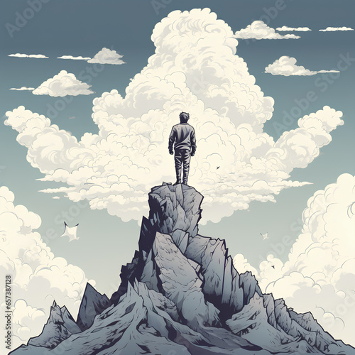 A man sanding to the top of mountain with clound and sky bg