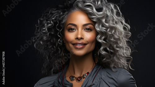 Beautiful black woman with smooth healthy face skin. Gorgeous aging mature woman with long gray hair and happy smiling. Beauty and cosmetics skincare advertising concept. 
