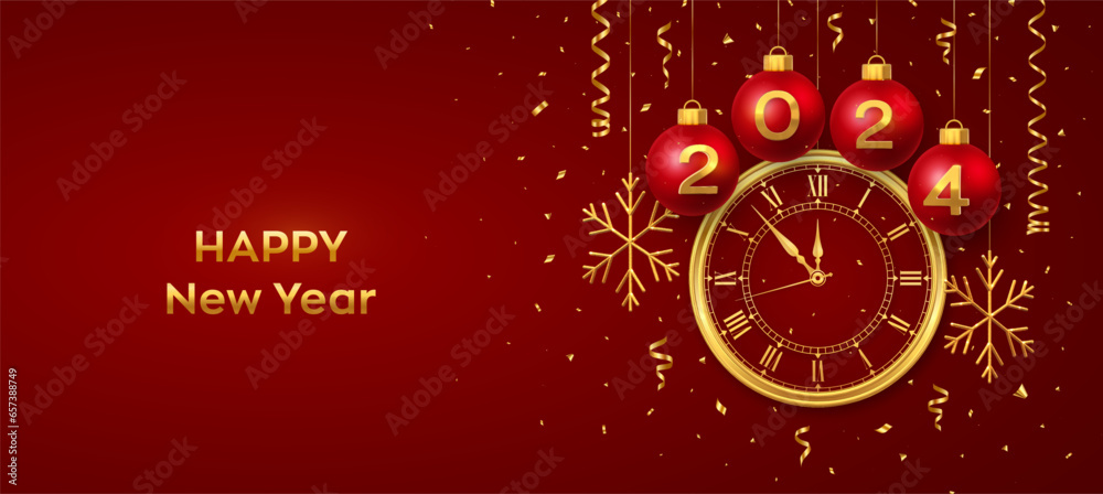 Happy New Year 2024. Hanging red Christmas bauble balls with realistic gold 3d numbers 2024 and snowflakes. Watch with Roman numeral and countdown midnight, eve for New Year. Merry Christmas. Vector.