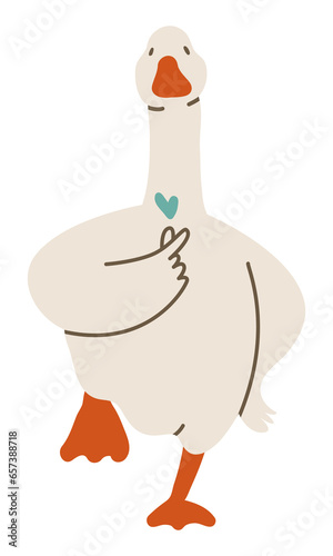 White goose showing a heart. Cute goose with love. Flat vector illustration, eps10