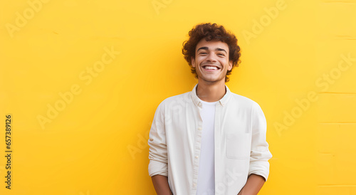 young smiling young man standing on yellow background photo