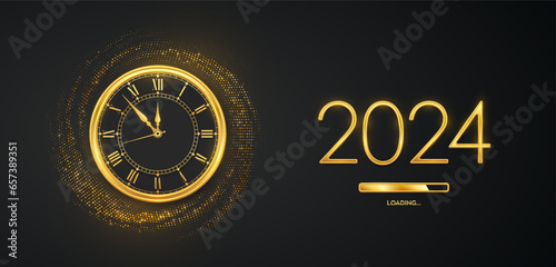 Happy New Year 2024. Golden metallic numbers 2024, gold watch with Roman numeral and countdown midnight with loading bar on shimmering background. Bursting backdrop with glitters. Vector illustration.