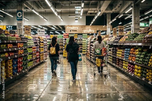 a supermarket with some shoppers  photo