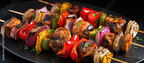 Grilled Vegetable shish Kebab with organic peppers mushrooms and onions With copyspace for text