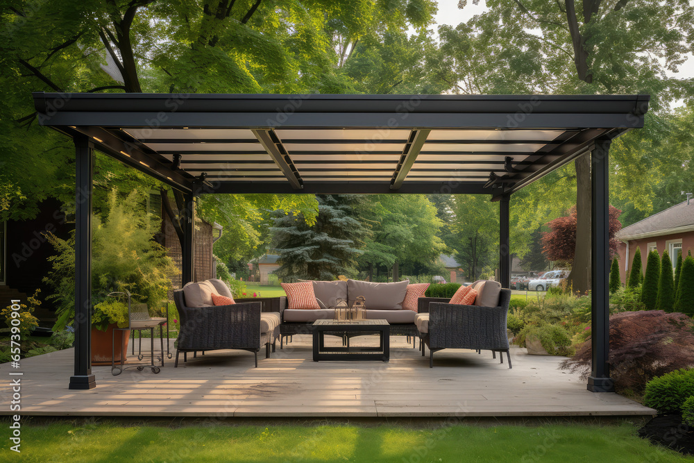 Modern black bio climatic pergola with top view on an outdoor patio. Teak wood flooring, a pool, and lounge chairs. green grass and trees in a garden
