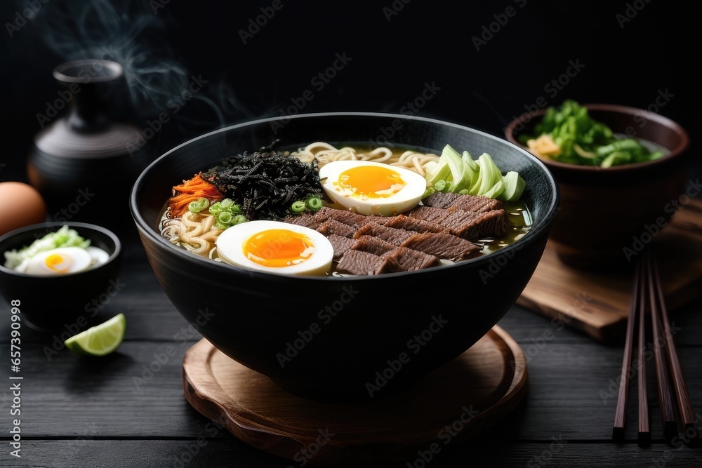 Gourmet Steaming Delicious Premium Japanese Beef and Half-Boiled Egg Ramen in Black Bowl - Authentic Asian Cuisine, AI Generated Gourmet Steaming Delicious Premium Japanese Beef and Half-Boiled Egg Ramen in Black Bowl - Authentic Asian Cuisine, AI Generated