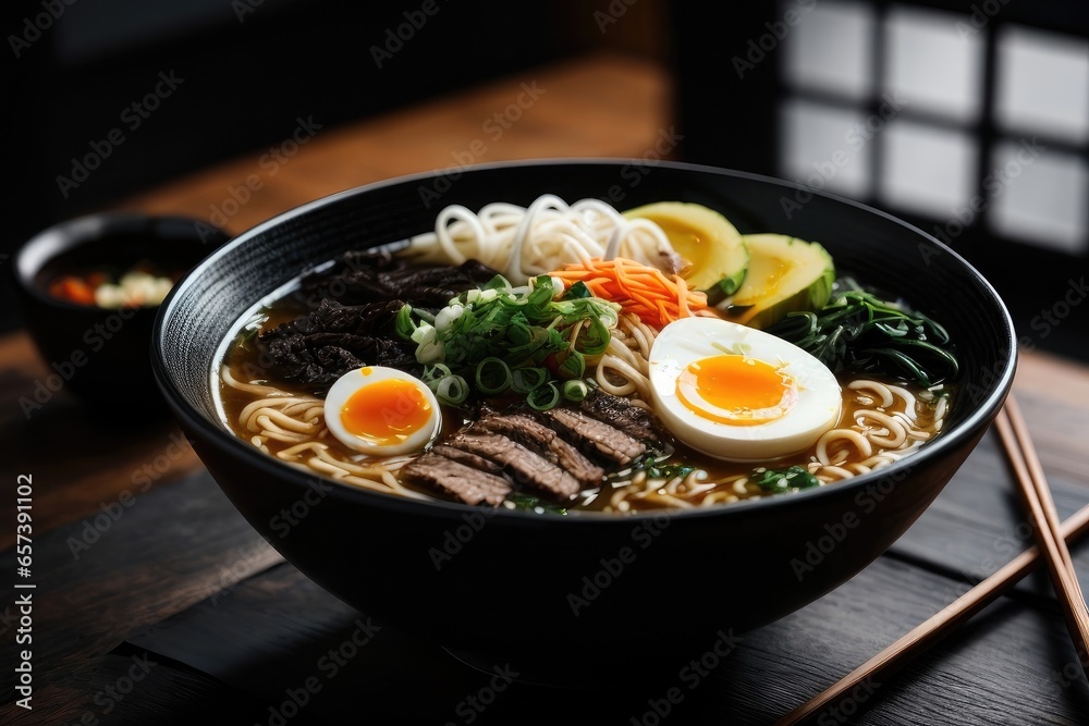 Gourmet Steaming Delicious Premium Japanese Beef and Half-Boiled Egg Ramen in Black Bowl - Authentic Asian Cuisine, AI Generated Gourmet Steaming Delicious Premium Japanese Beef and Half-Boiled Egg Ramen in Black Bowl - Authentic Asian Cuisine, AI Generated