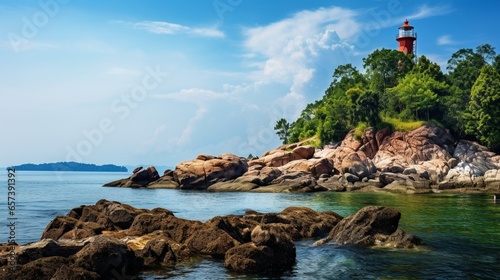 Generative AI : The island where the lighthouse is located There is an unusual rock formation with colorful round stones of various sizes filling the beach below. Lanta lighthouse is popular landmark  photo