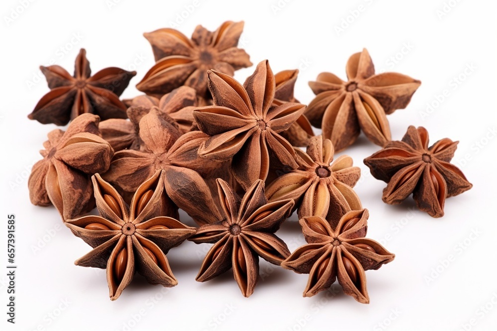 Generative AI : Stars of dried anise (Illicium verum) isolated on white background Generative AI : Stars of dried anise (Illicium verum) isolated on white background