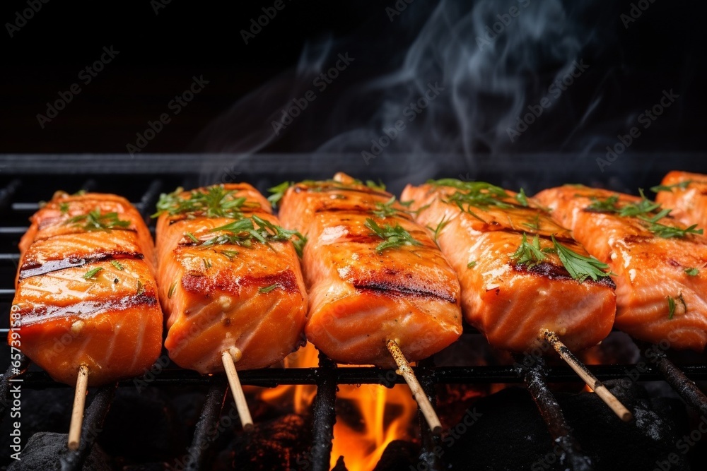 Generative AI : Tasty salmon skewers on the grill, close-up.