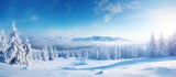 Stunning winter scenery with snow covered pine trees in a sunny morning Breathtaking nature view in a mountain valley Perfect natural backdrop with soft lighting