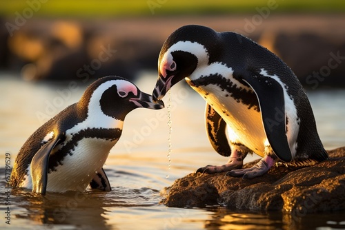 Generative AI : Landscape photo of an african penguin cleaning another penguin's feather with his beak. Shot in Stony Point Nature Reserve photo