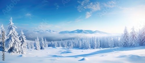 Stunning winter scenery with snow covered pine trees in a sunny morning Breathtaking nature view in a mountain valley Perfect natural backdrop with soft lighting © 2rogan