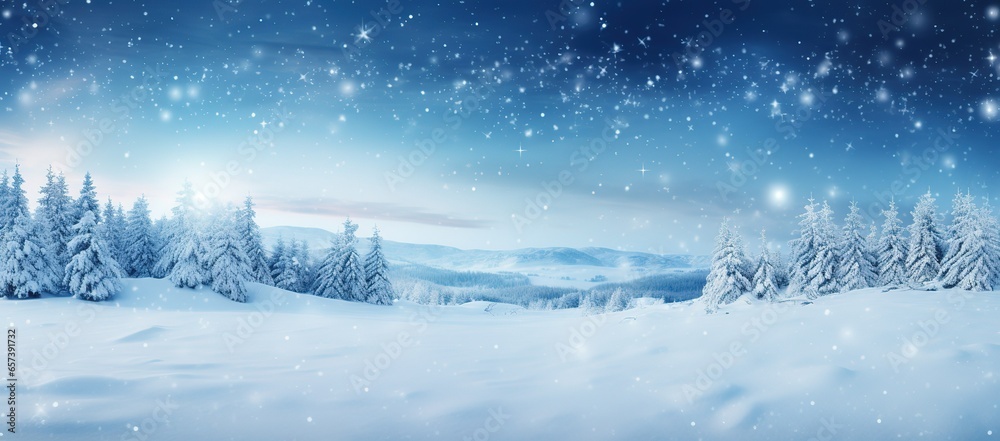 Enchanting ultrawide image showcasing the delicate dance of snowflakes as they fall gently over the untouched snowdrifts