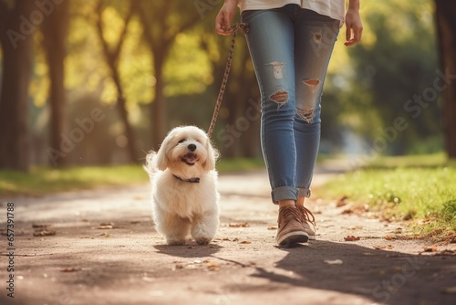 Generative AI : Owner walking with dog together in park outdoors, summer vacation, Adorable domestic pet concept, Friendship between human and their pet photo