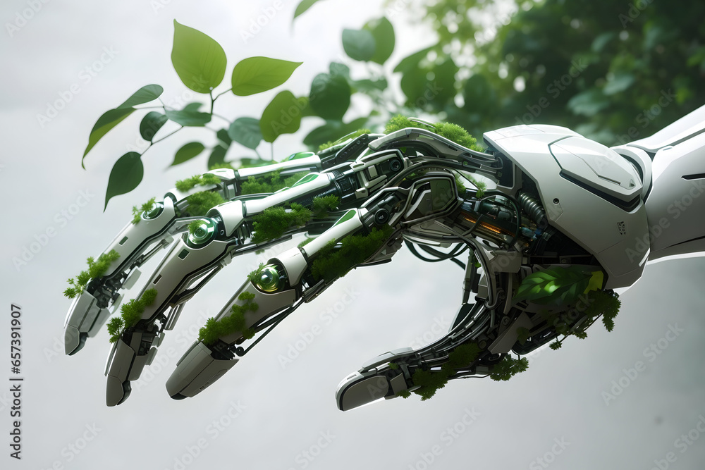 Artificial intelligence green tech AI robot hand saving the environment ecology concept. technology science of environment concept for the development of sustainability