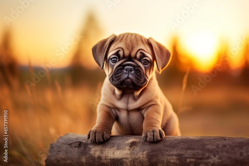 Generative AI : Close-up of a pug puppy with a wrinkled and funny face sitting against a blurry background in the countryside. © The Little Hut