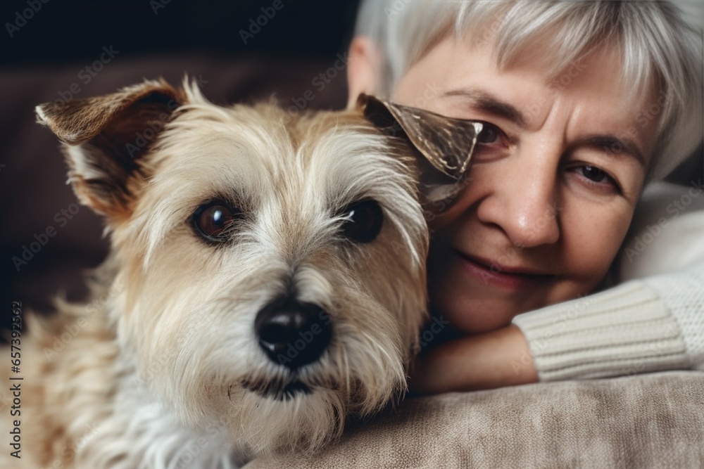 Generative AI : Emotional support animal concept. Portrait of elderly woman with wire haired jack russell terrier dog. Old lady and her rough coated pup sitting on grey textile sofa. Close up, copy sp Generative AI : Emotional support animal concept. Portrait of elderly woman with wire haired jack russell terrier dog. Old lady and her rough coated pup sitting on grey textile sofa. Close up, copy sp