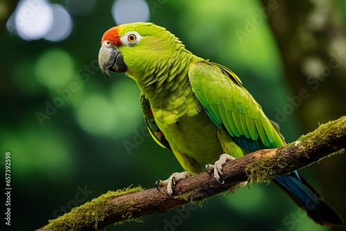 Generative AI : green arcari perched on branch in Amazon close up
