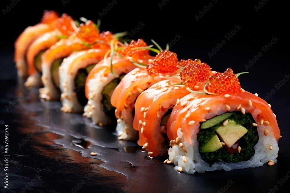 Generative AI : Sushi roll with salmon, wakame salad and peanut sauce garnished with red caviar and sesame seeds on black slate plate with soy sauce, wasabi and ginger over black concrete background. Generative AI : Sushi roll with salmon, wakame salad and peanut sauce garnished with red caviar and sesame seeds on black slate plate with soy sauce, wasabi and ginger over black concrete background.