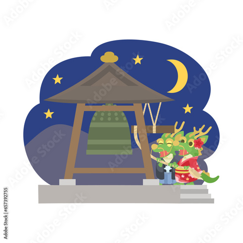 除夜の鐘を打つ龍。フラットなベクターイラスト。
Dragons ring Joya no kane: New year’s eve bell. Flat designed vector illustration.