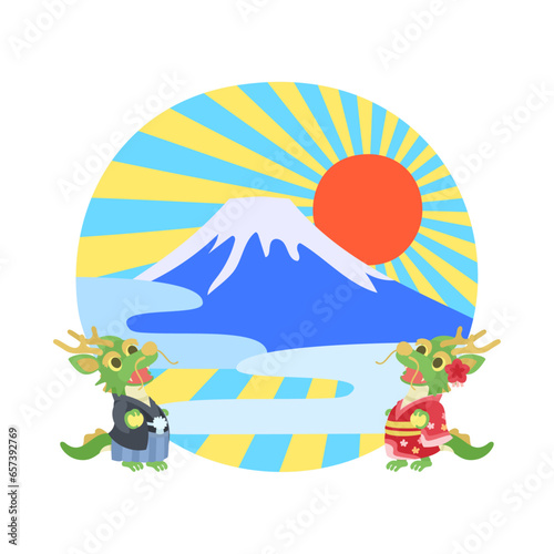 ÂØåÂ£´Â±±„ÅÆÂàùÊó•„ÅÆÂá∫„Å®Èæç„ÄÇ„Éï„É©„ÉÉ„Éà„Å™„Éô„ÇØ„Çø„Éº„Ç§„É©„Çπ„Éà„ÄÇ
Dragons see the first sunrise of the year over Mt.Fuji. Flat designed vector illustration.