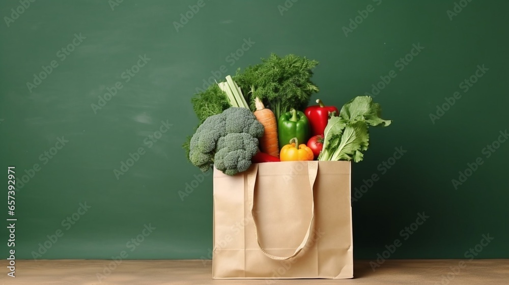 Generative AI : Proper nutrition.Healthy food paper bag.healthy food background. supermarket food concept.home delivery.Food delivery.Grocery.A package with products for the holiday.Christmas and New  - obrazy, fototapety, plakaty 