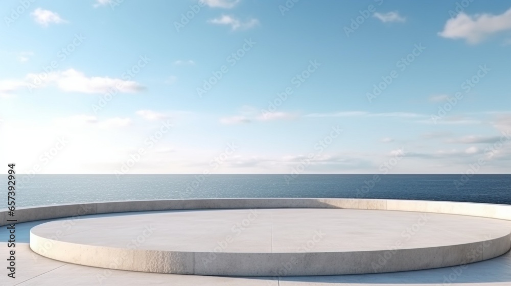 Generative AI : Empty concrete floor and gray wall. 3d rendering of sea view plaza with clear sky background.