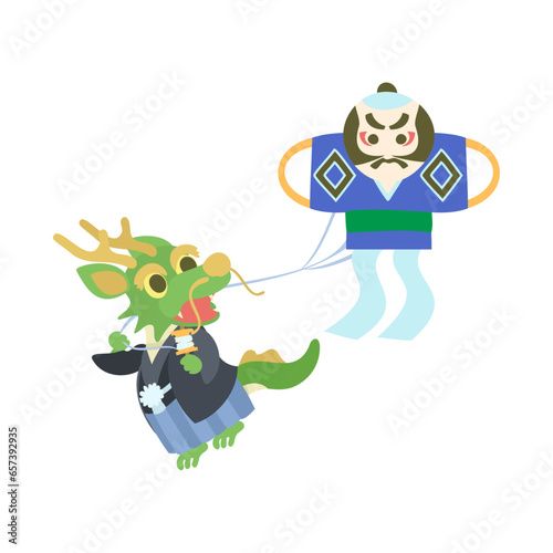 凧揚げをする龍。フラットなベクターイラスト。
A dragon fly a kite. Flat designed vector illustration.