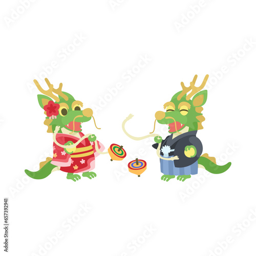 こま回しをする龍。フラットなベクターイラスト。
Dragons spin tops. Flat designed vector illustration.