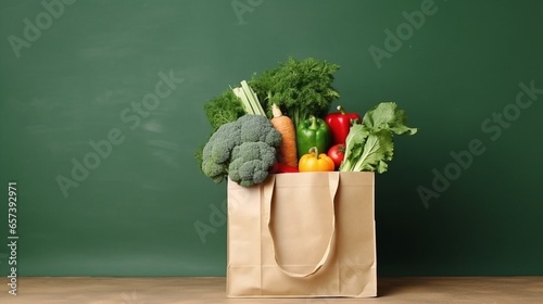 Generative AI : Proper nutrition.Healthy food paper bag.healthy food background. supermarket food concept.home delivery.Food delivery.Grocery.A package with products for the holiday.Christmas and New  photo