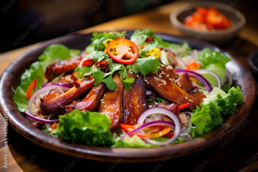 Generative AI : Close up on traditional Vietnamese salad with eel meat & vegetables.Spicy exotic dish from Vietnam.Enjoy natural fresh ingredients.Gourmet diet food Generative AI : Close up on traditional Vietnamese salad with eel meat & vegetables.Spicy exotic dish from Vietnam.Enjoy natural fresh ingredients.Gourmet diet food