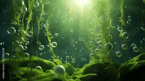 Generative AI : green seaweed ulva lactuca algae swing underwater with bubbles. photo