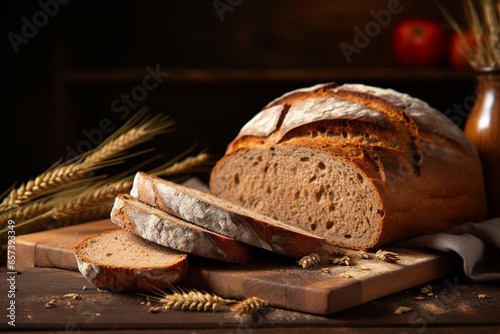 Generative AI : Freshly baked traditional bread on a wooden table. Sliced rye bread, close-up. Food background.