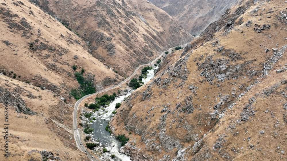 Aerial shot of river rapids on the Kern River in the Southern Sierra Nevada Mountains in California.