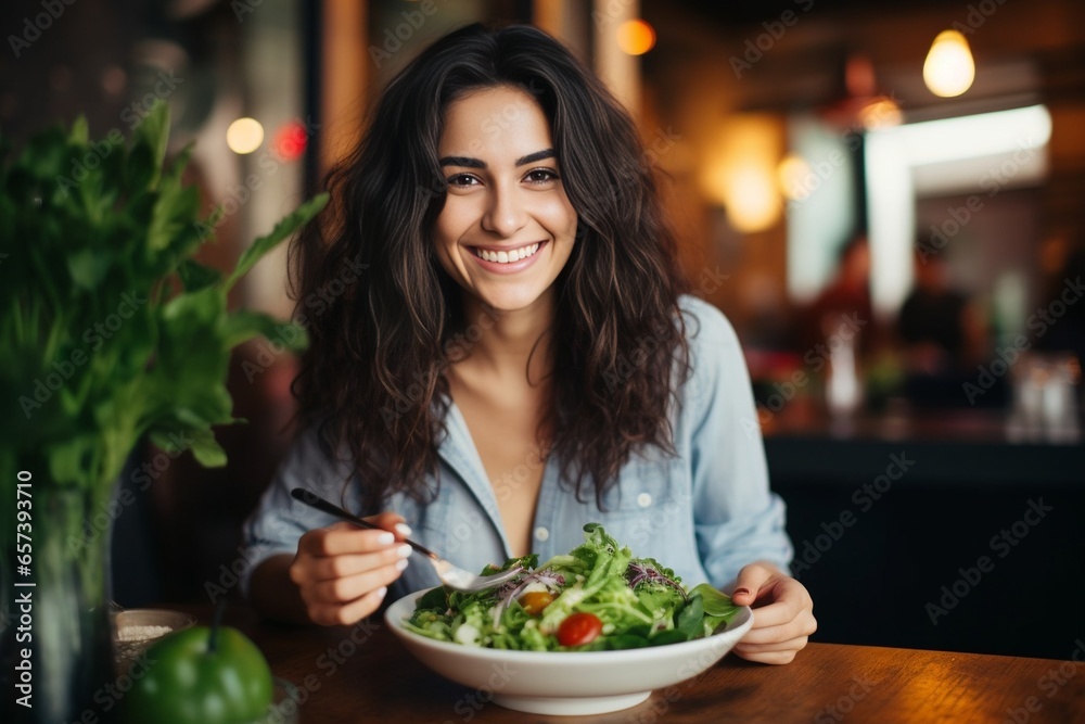 Generative AI : Young woman eating healthy salad at restuarant, Healthy lifestyle, diet concept
