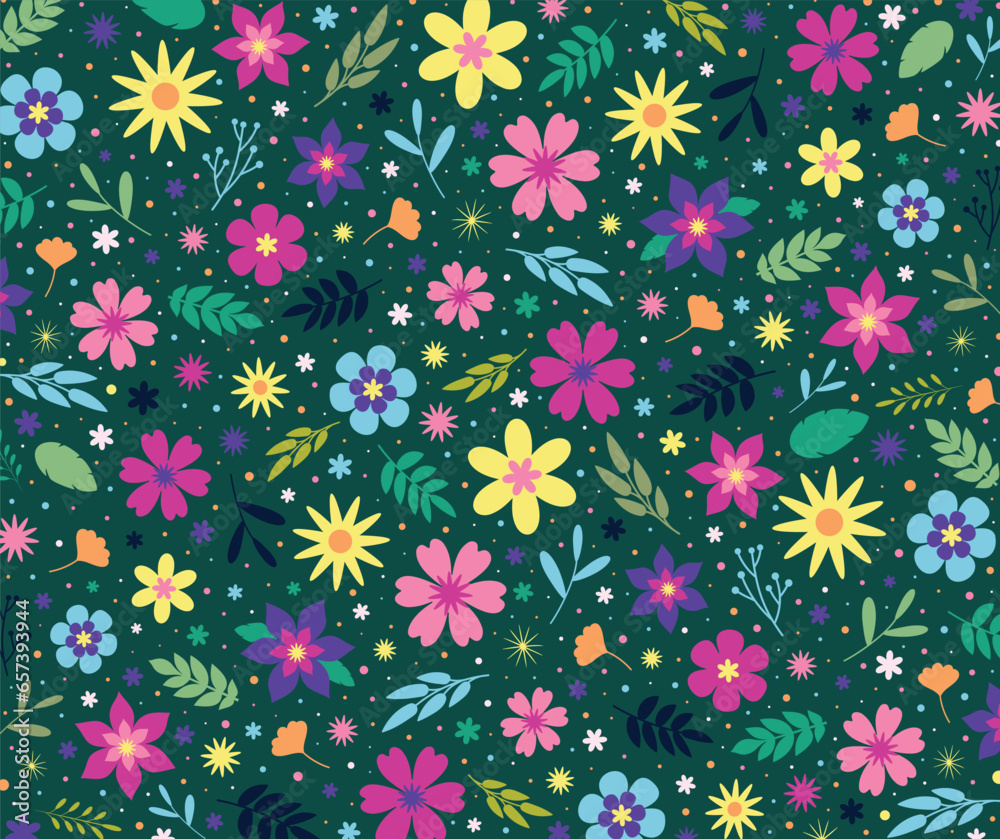 Seamless floral pattern with colorful flowers and leaves in a flat style on a green background. Backgrounds, wallpapers, textile prints designs