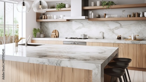 Generative AI : Close-up Marble granite kitchen counter island for product display on modern bright and clean kitchen space. 3d rendering, 3d illustration © The Little Hut