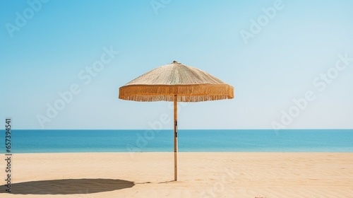 Generative AI   A beach parasol or sunshade  in straw  two beach chairs  isolated on a beach without people on a summer morning. The light blue sky merges with the blue of the water. Summer background