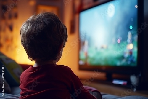 Generative AI : Beautiful brown eyes of 6 year boy looking at screen close-up. Child is watching TV, cartoons or video too long. Side view. The concentrating kid. Plays computer game. Vision load. Att