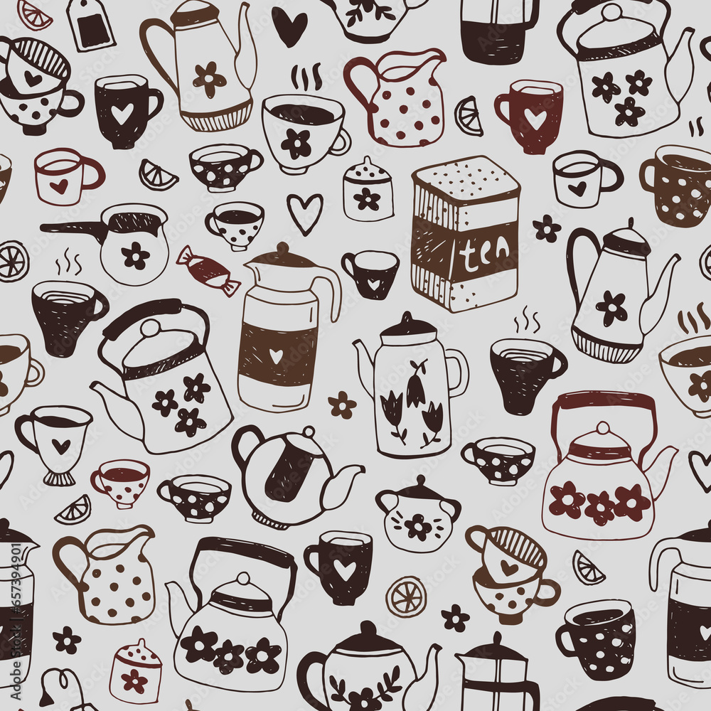 Seamless vector pattern with teapots, kitchen utensils, tea cups.  Print for wrapping, paper, textile, design for coffee and tea shop.