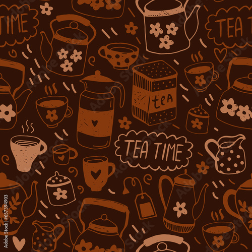 Seamless vector pattern with teapots, tea cups. Dark brown chocolate background, tea party, tea time pattern. Print for wrapping, paper, textile, design for coffee and tea shop. © sorninai