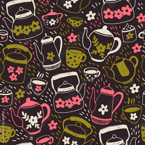 Seamless vector pattern with tea, teapots, cups, flowers. Tea time hand drawn doodle sketches. Cute dark background for paper, wrapping, textile, cards, prints.
