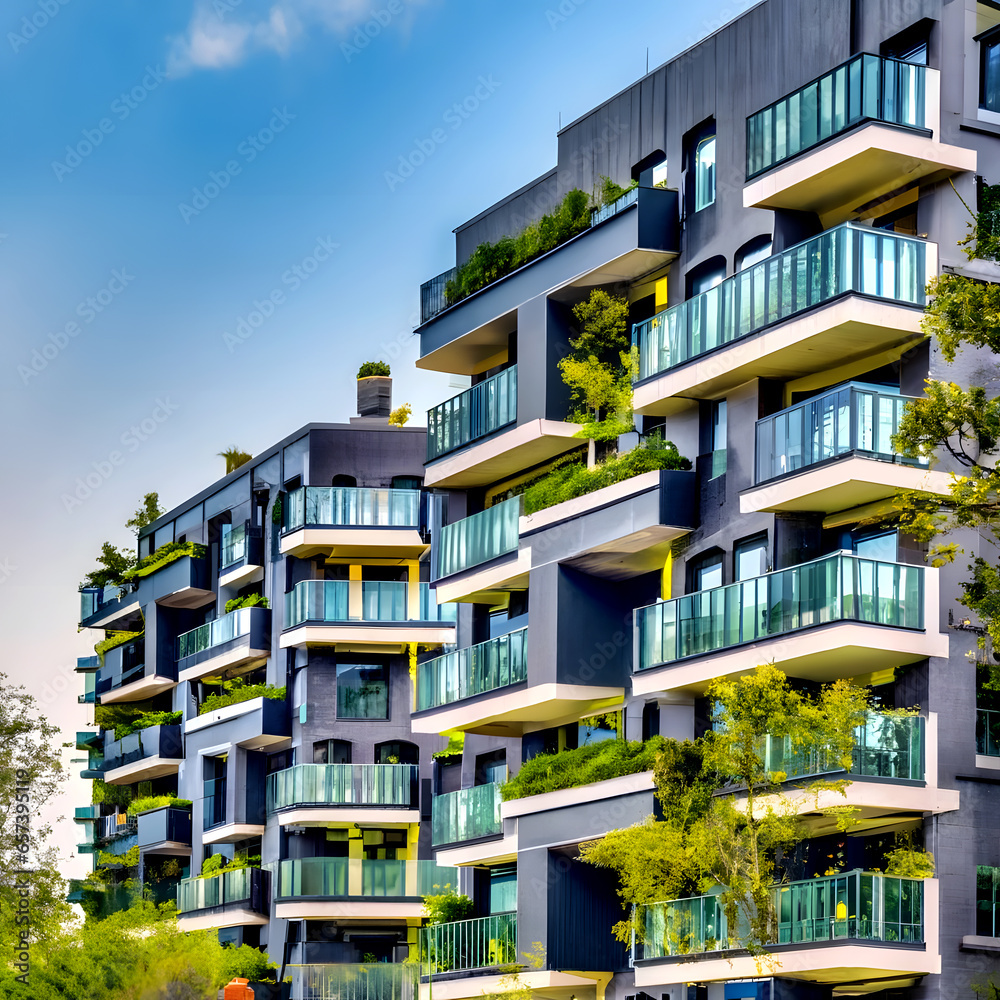 Modern apartment buildings surrounded by greens