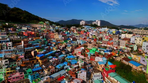 Drone Shot of Colorful Buildings in Gamcheon Village, Busan, South Korea