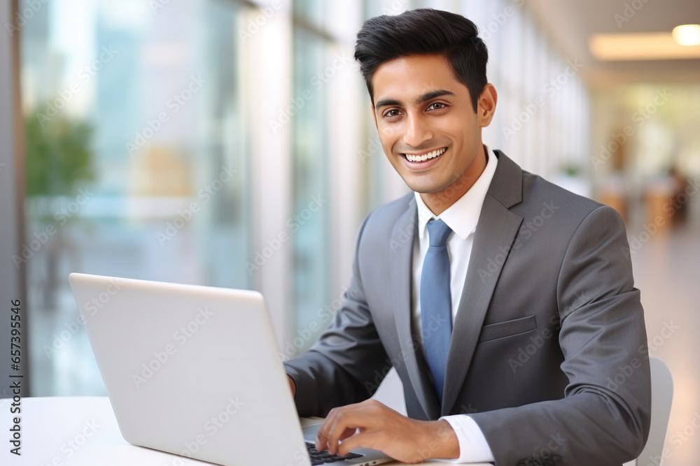 Young Indian businessman working on laptop in office Young Indian businessman working on laptop in office