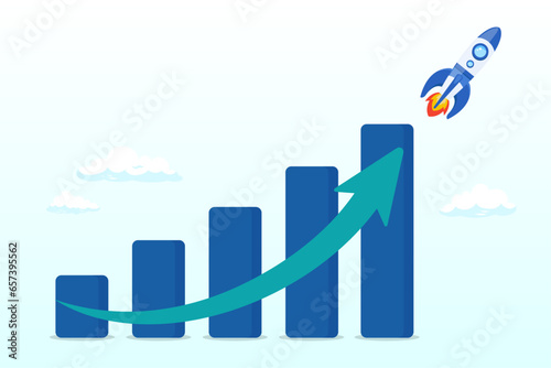 Financial report graph with exponential arrow from flying rocket, exponential growth or compound interest, investment, wealth or earning rising up graph, business sales or profit increase (Vector)